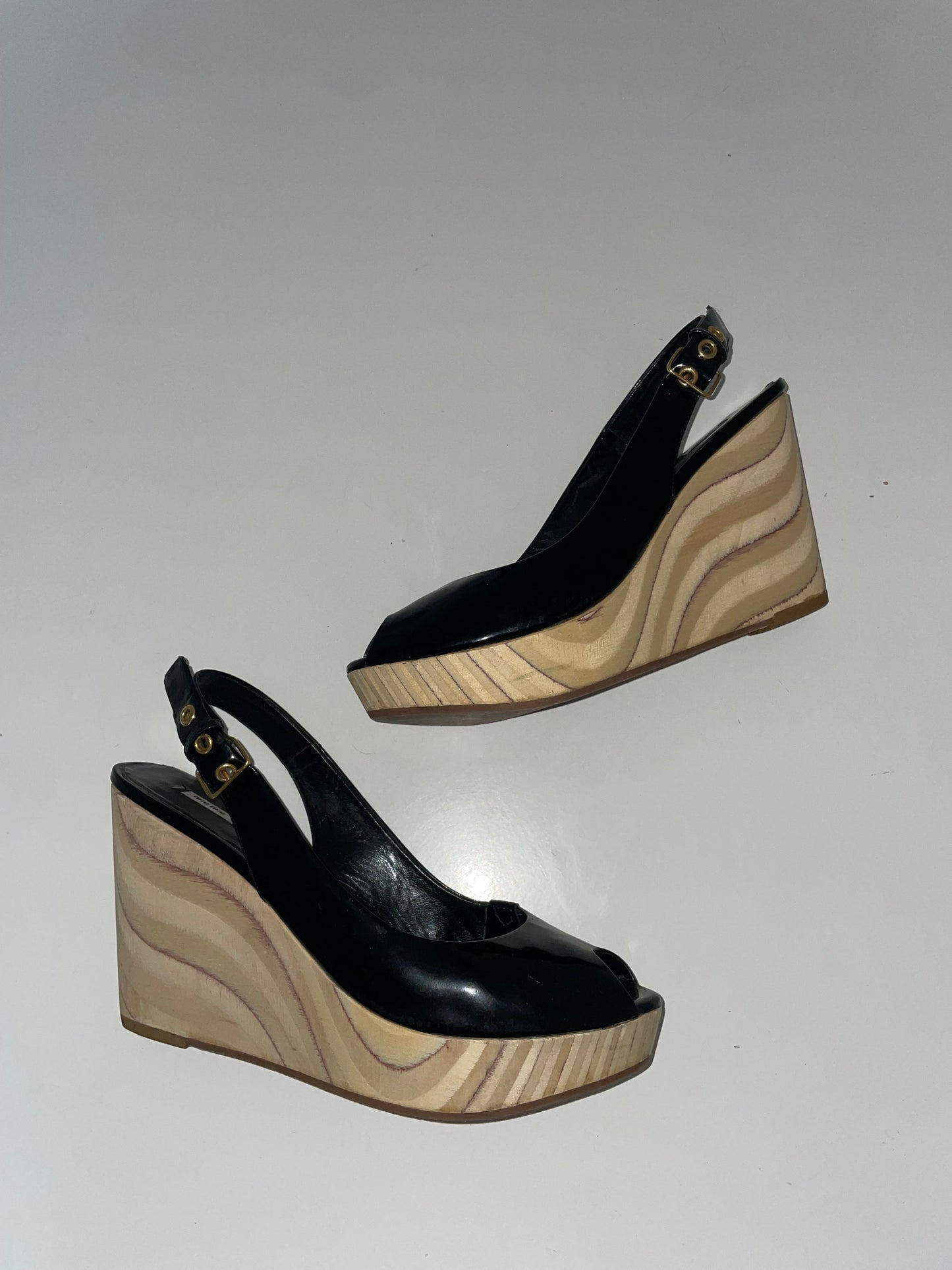 Miu Miu Black Patent Wedge Sandals