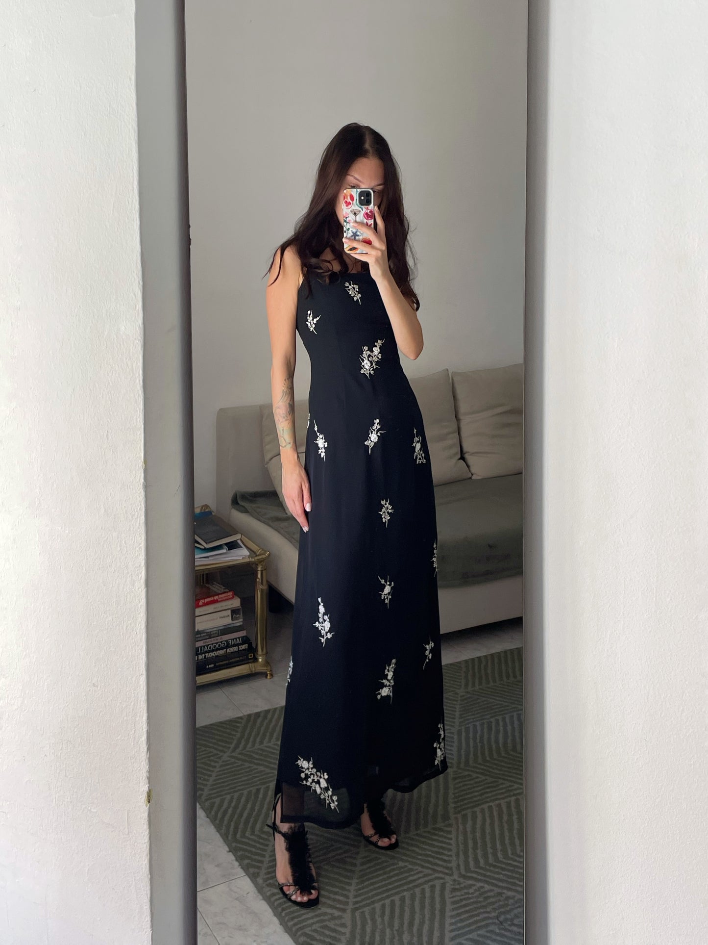 Embroidered Black Slip Dress