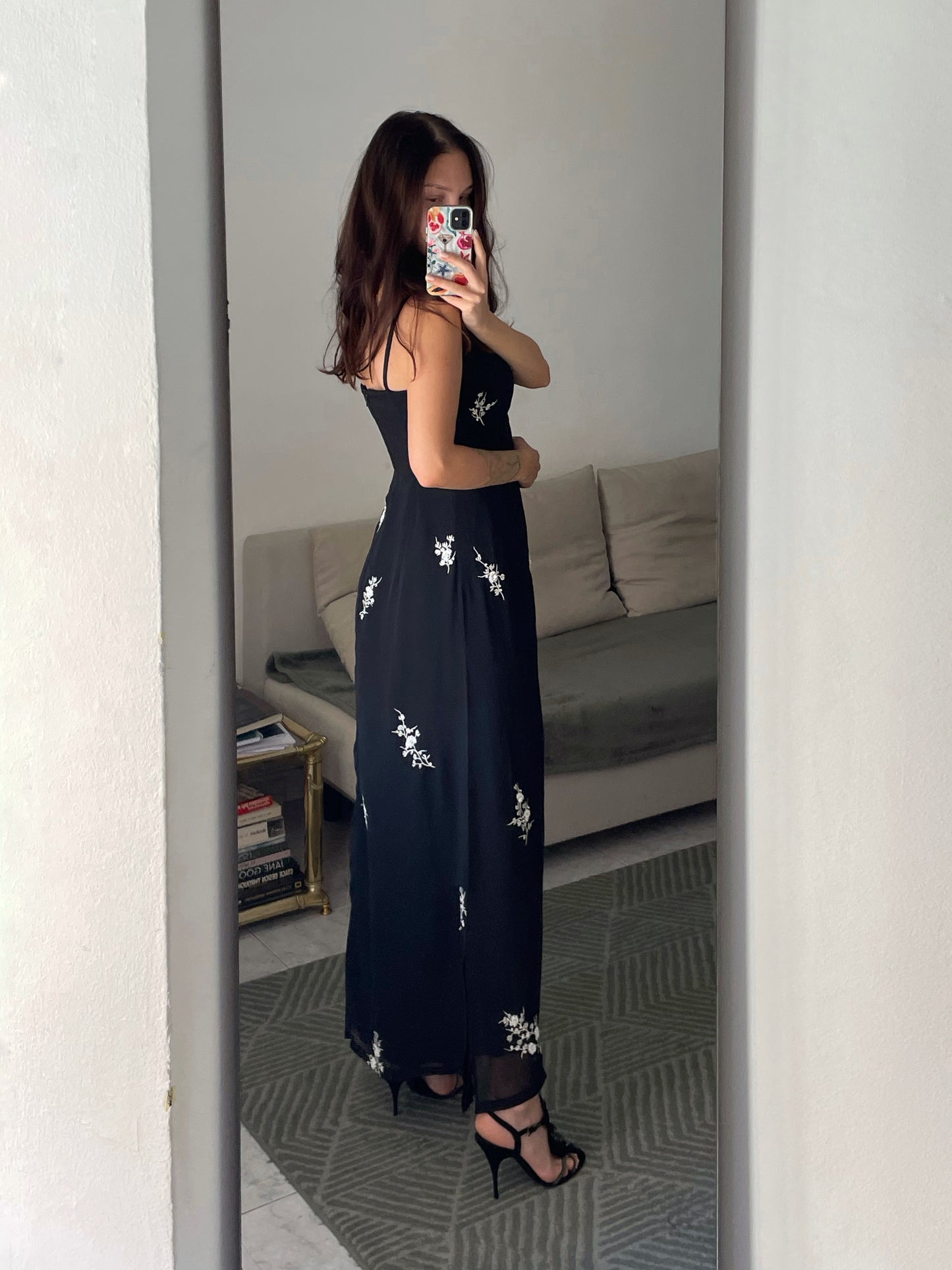 Embroidered Black Slip Dress