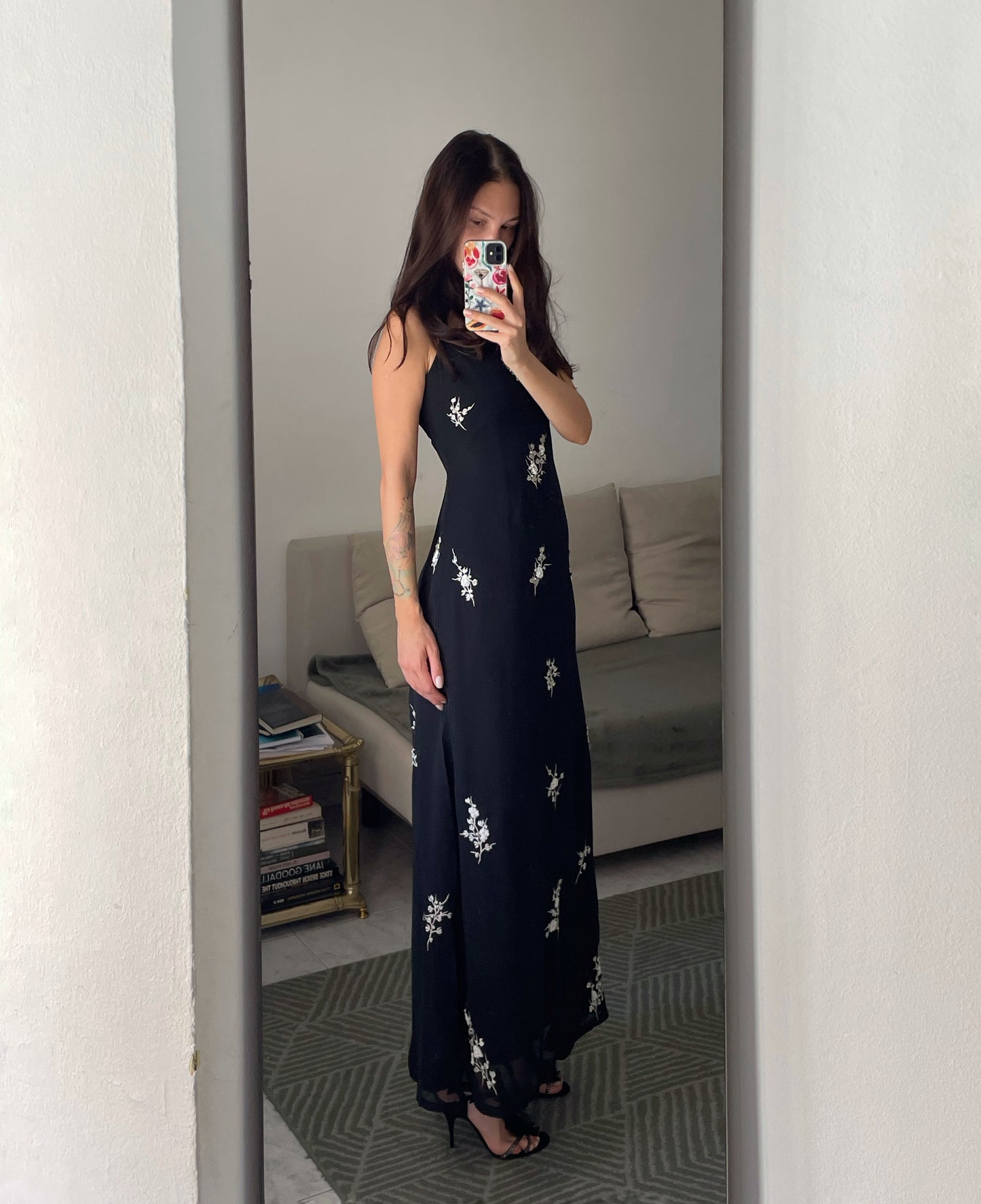 Embroidered Black Slip Dress