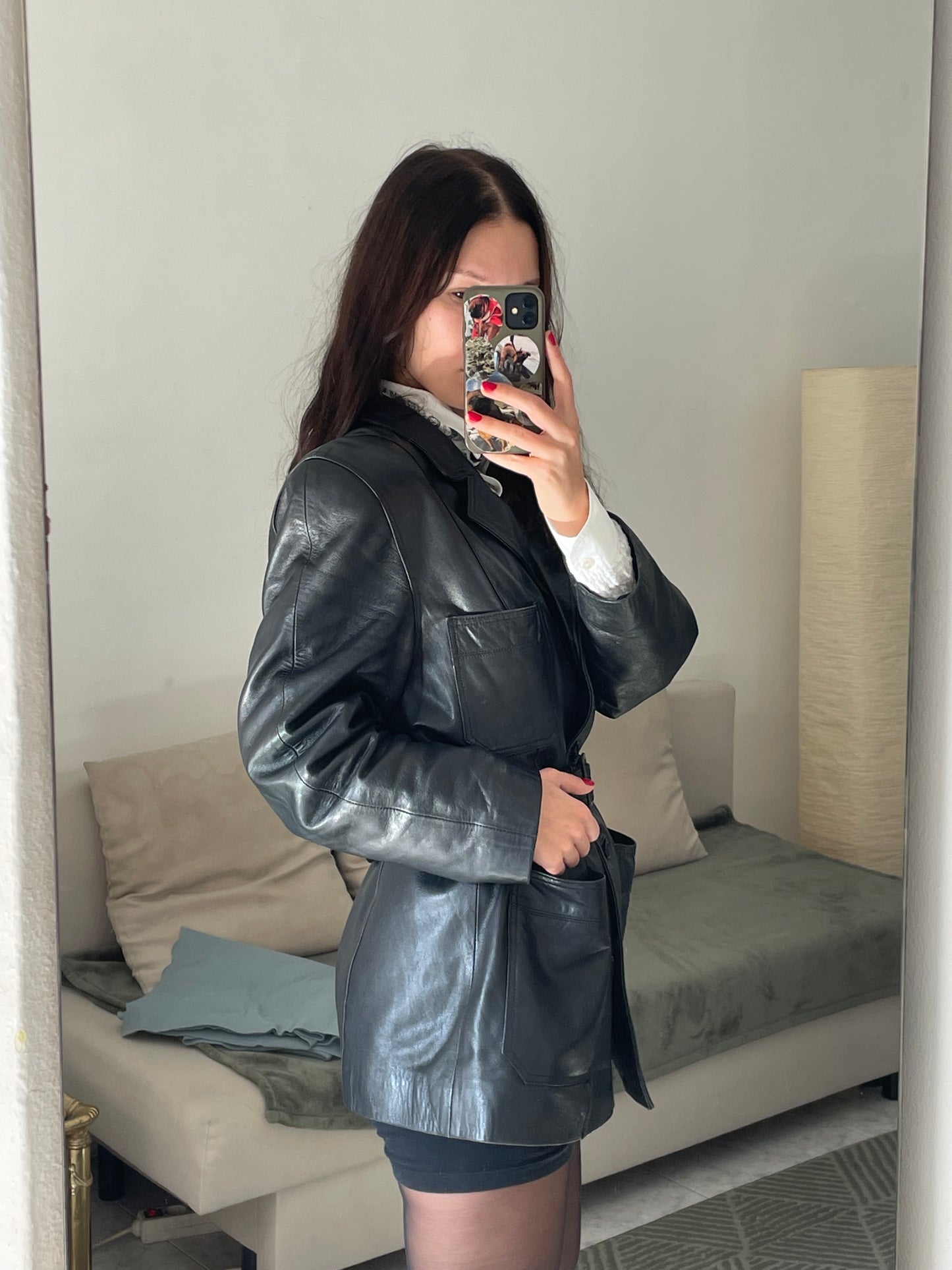 Chaqueta vintage de cuero natural con cinturón