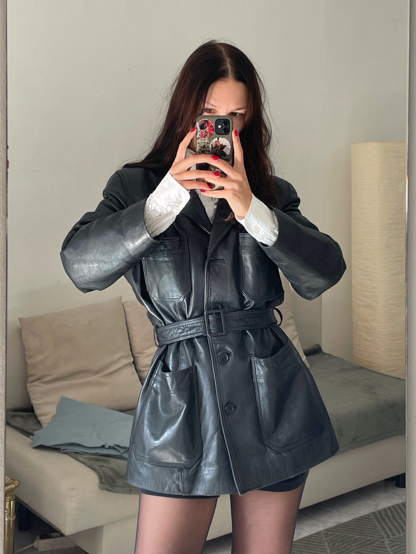 Chaqueta vintage de cuero natural con cinturón