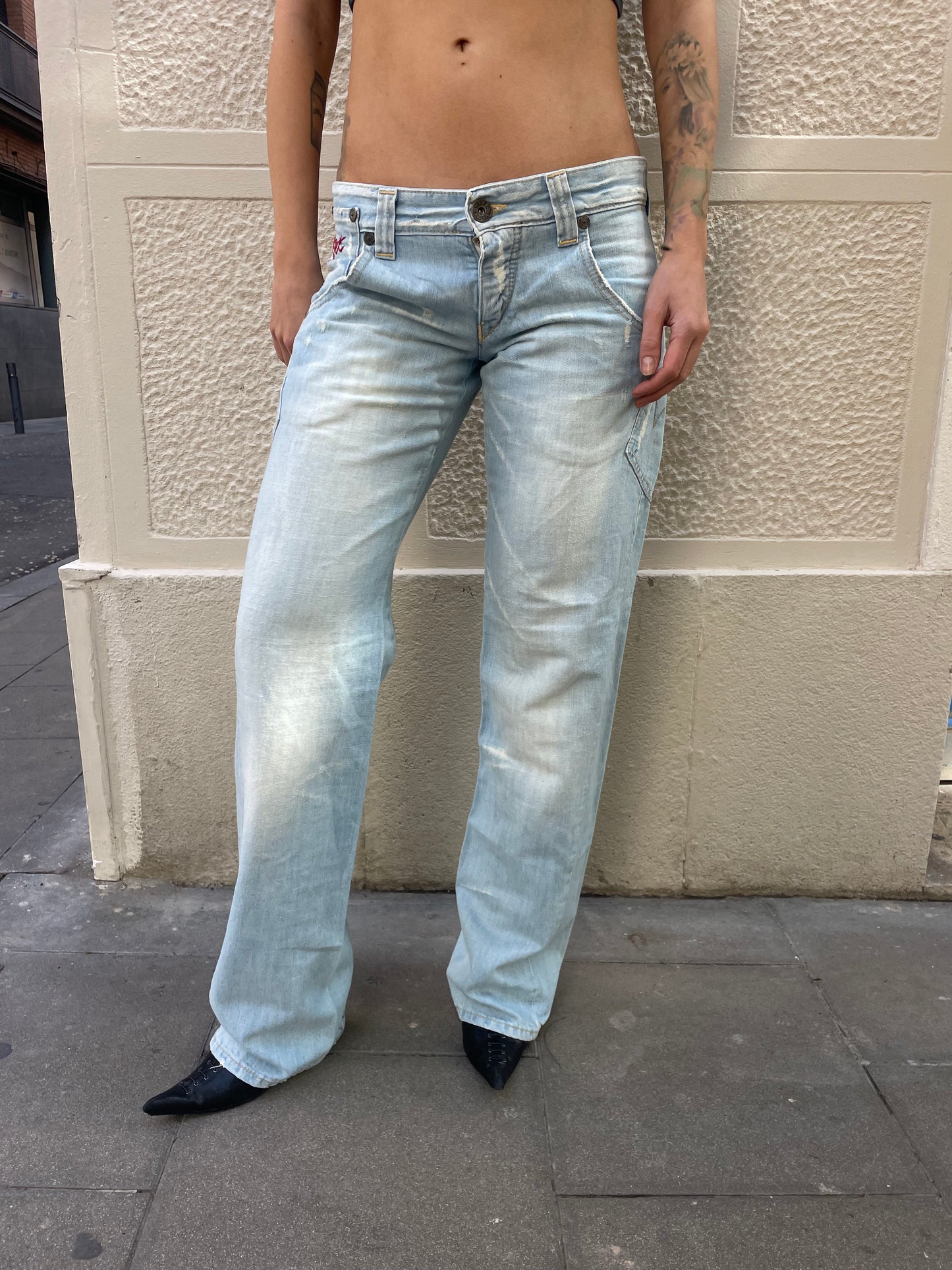 Low rise straight jeans.