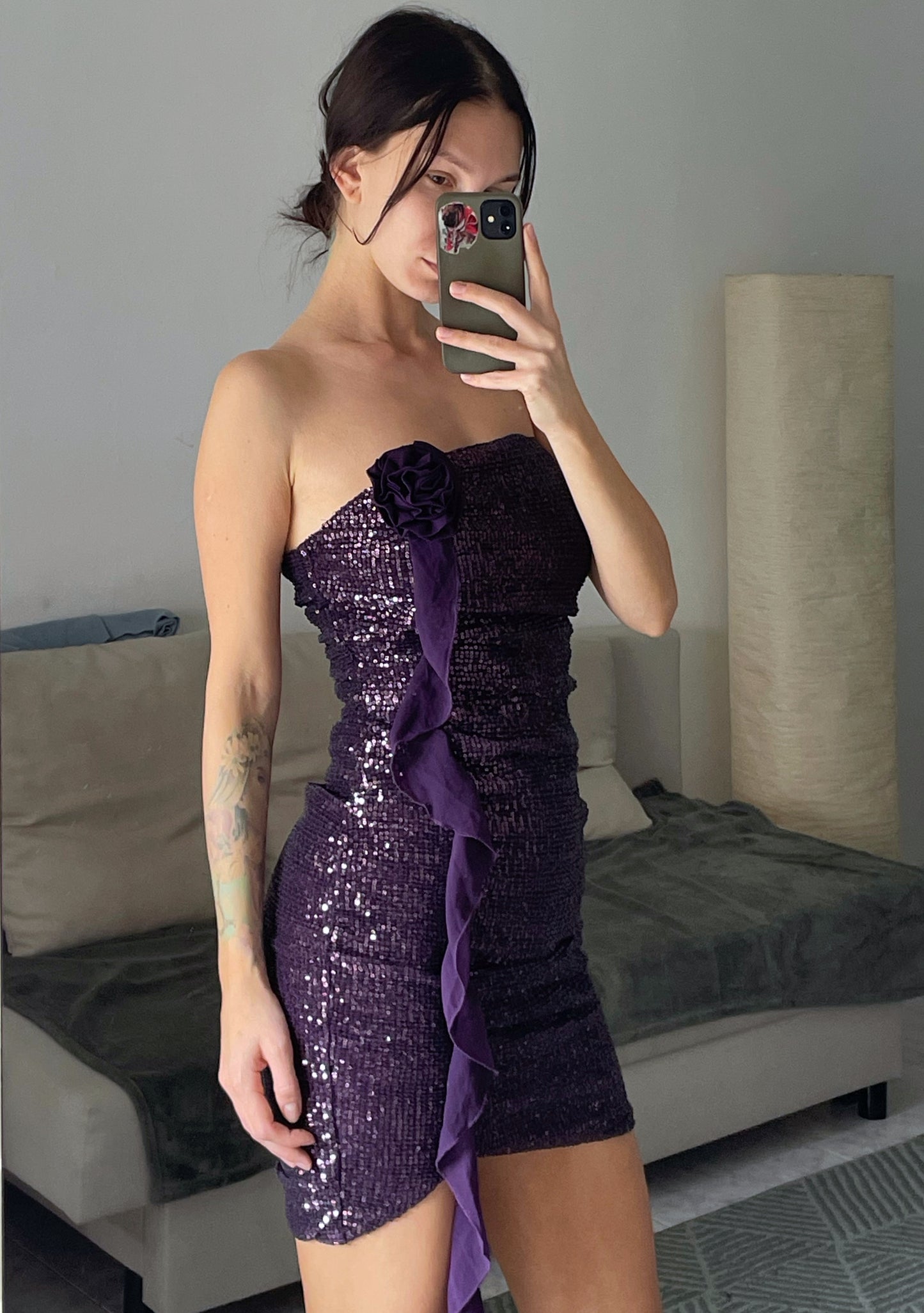 Strapless mini dress.