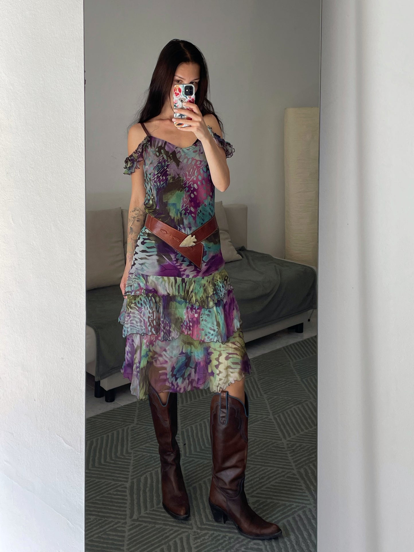 Multicolor Ruffled Silk Dress