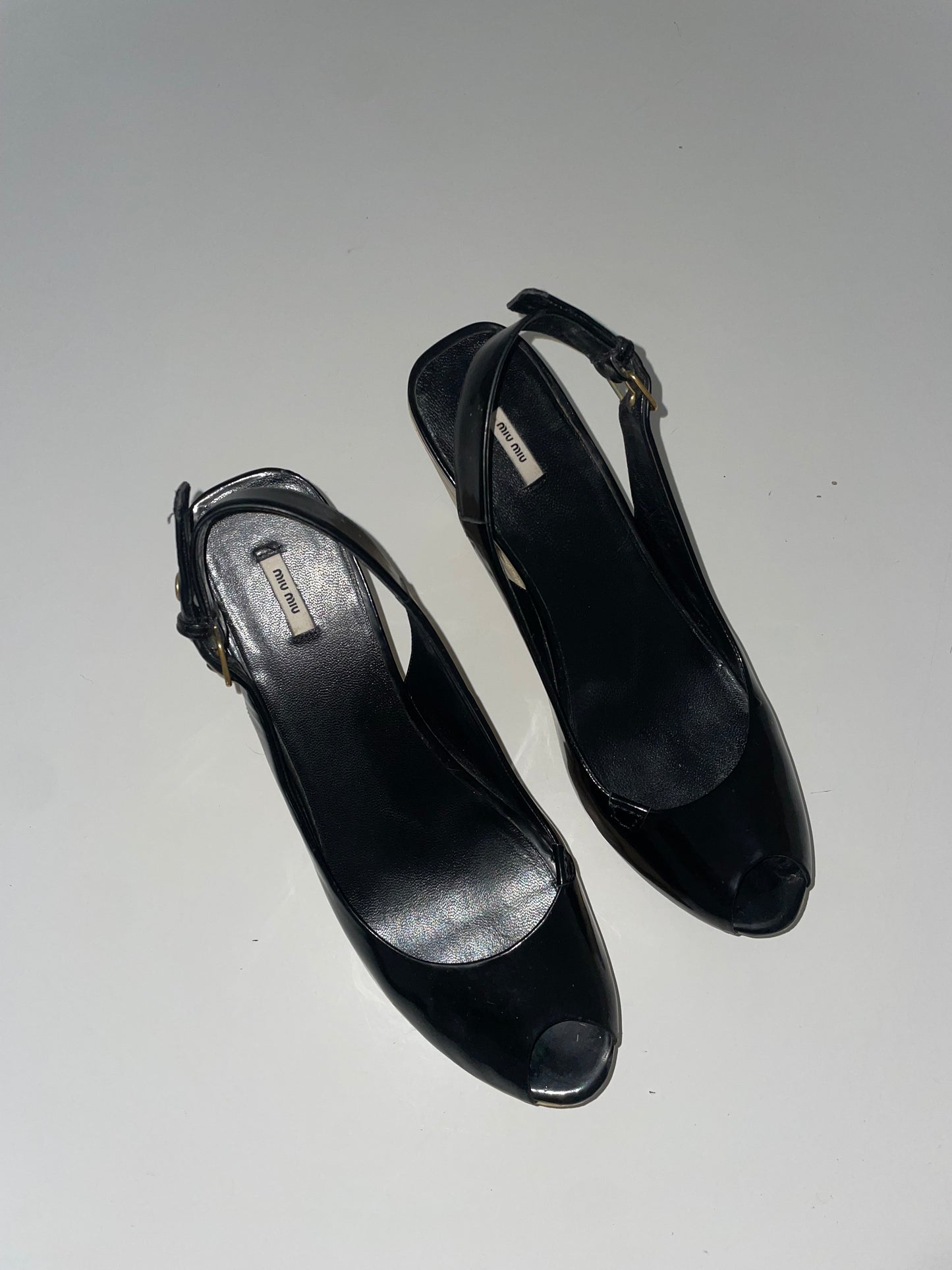 Miu Miu Black Patent Wedge Sandals