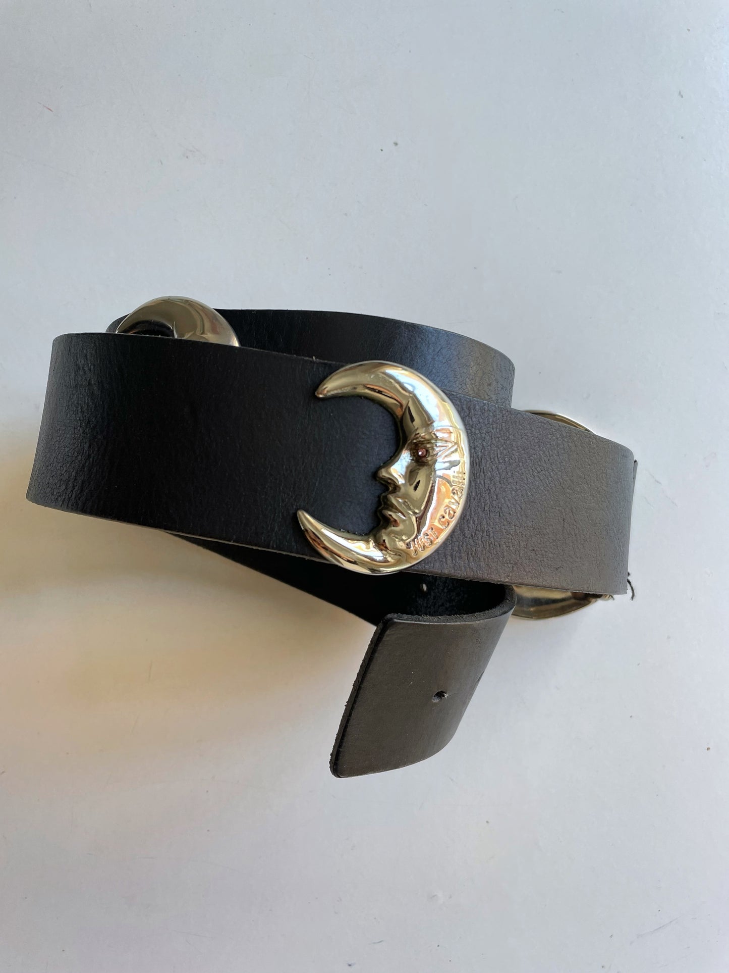Just Cavalli Moon Silver Buckle Vintage Leather Belt