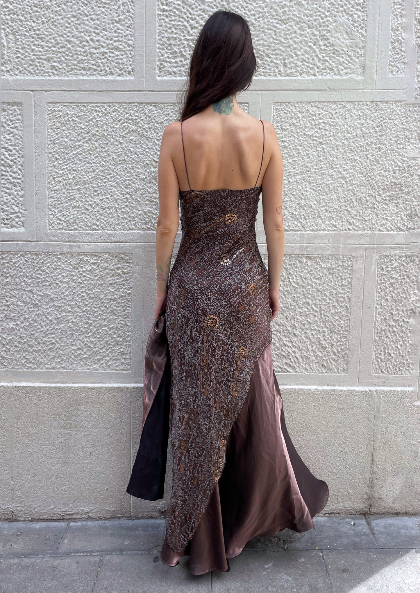 Vintage Evening Dress with Asymmetrical Silk Overlay