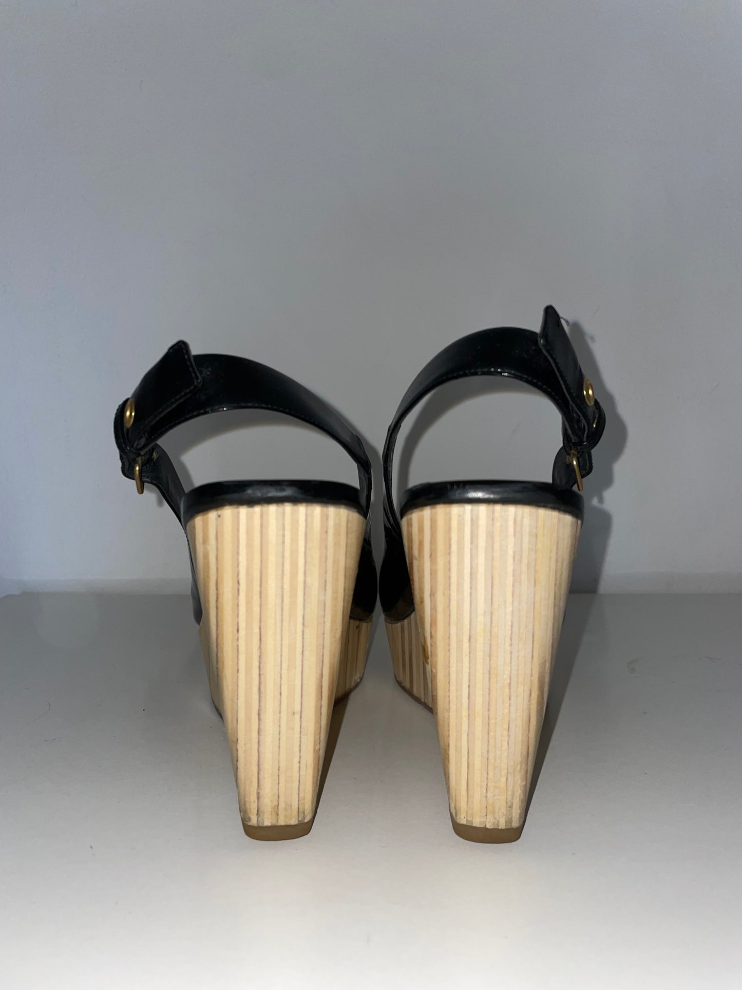 Miu Miu Black Patent Wedge Sandals