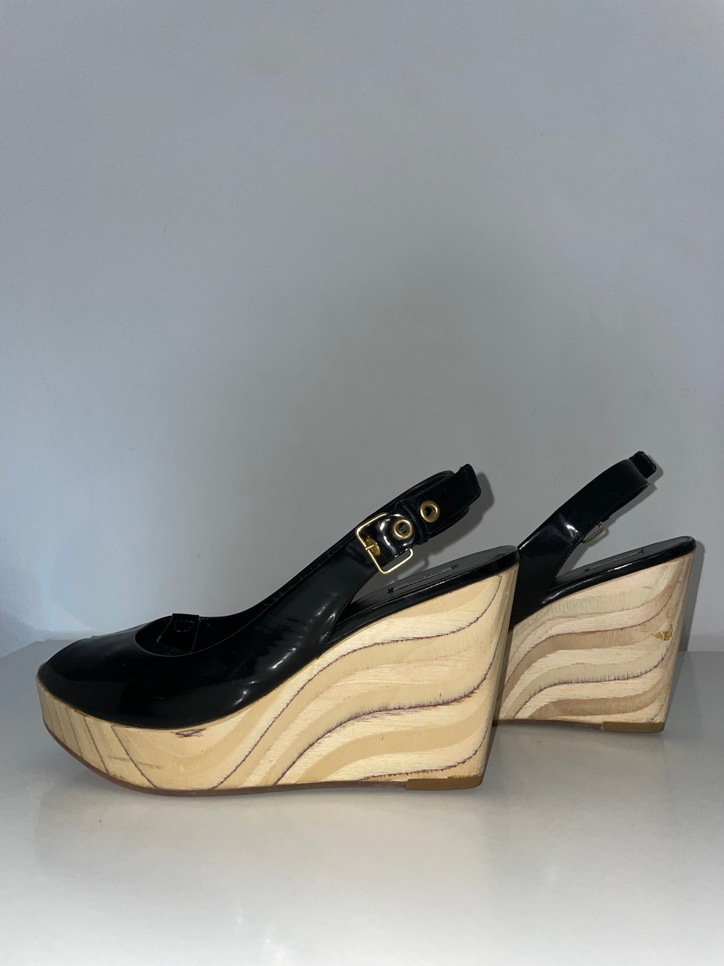 Miu Miu Black Patent Wedge Sandals