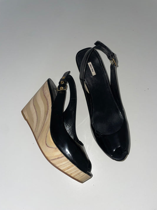 Miu Miu Black Patent Wedge Sandals
