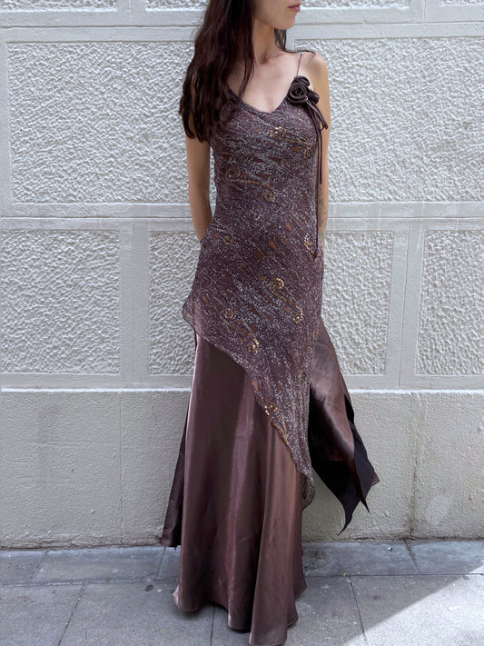 Vintage Evening Dress with Asymmetrical Silk Overlay