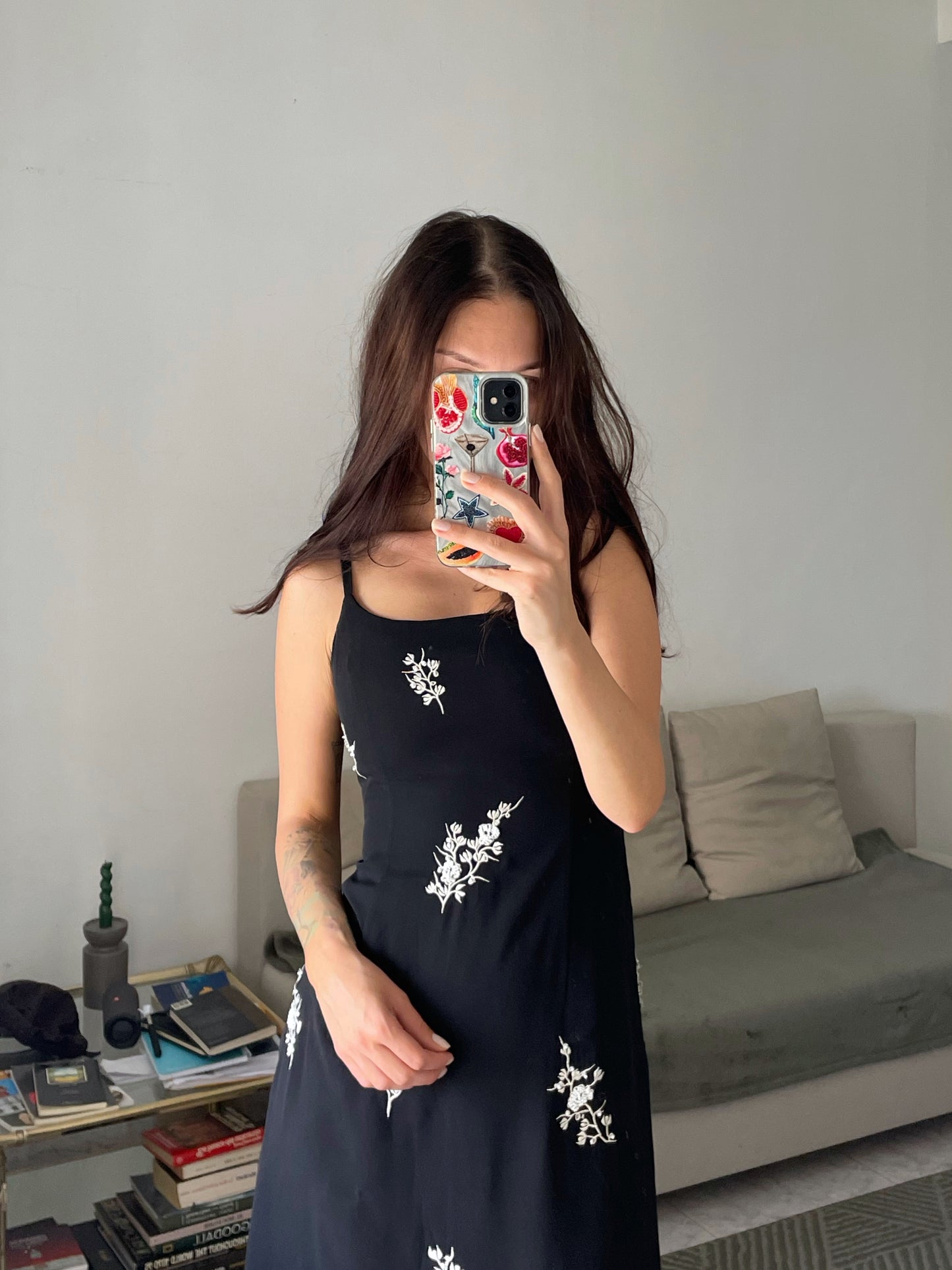 Embroidered Black Slip Dress