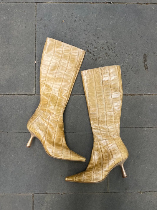 Croc-Embossed Vegan Leather Mid-Calf Boots