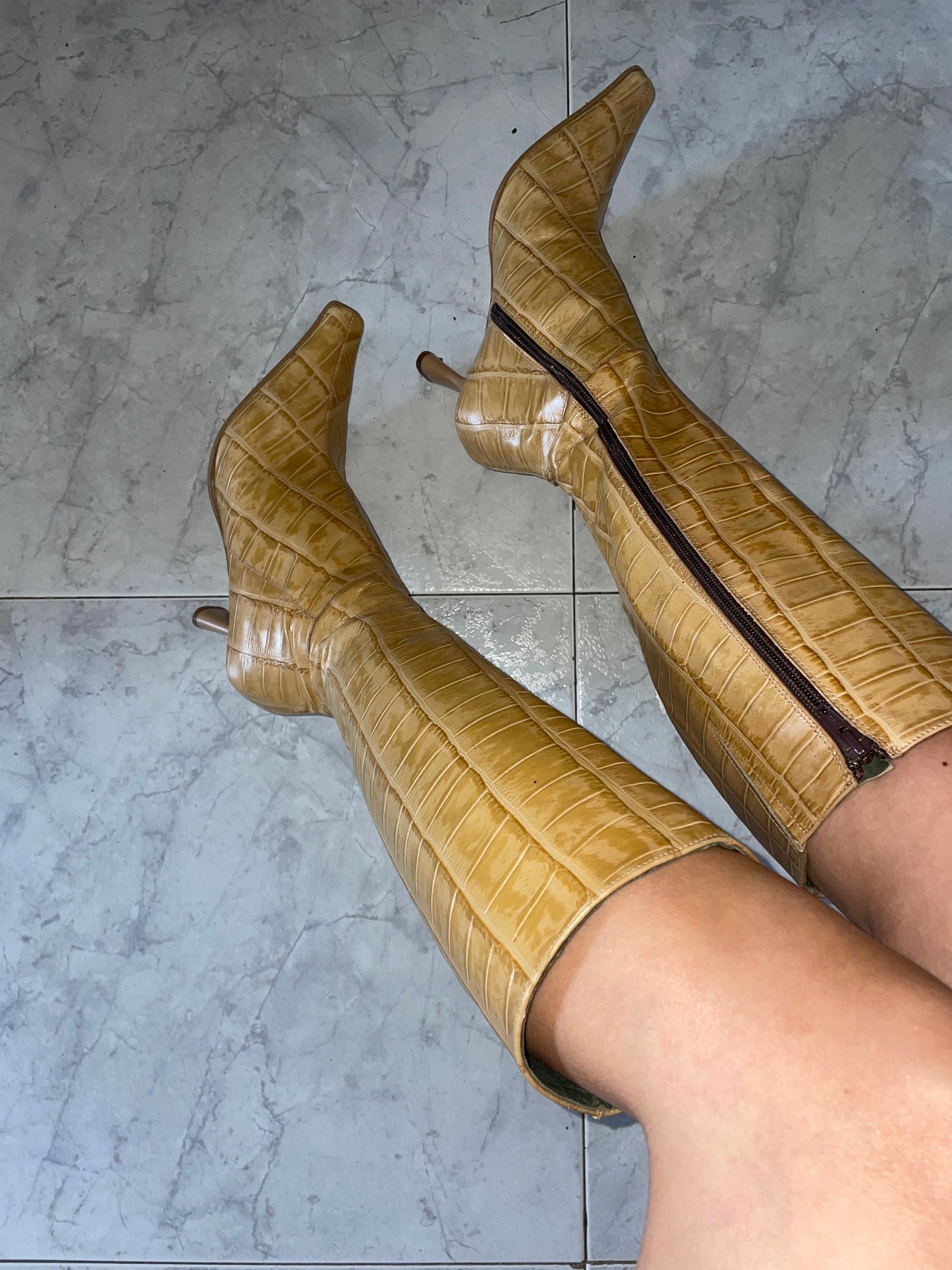 Croc-Embossed Vegan Leather Mid-Calf Boots