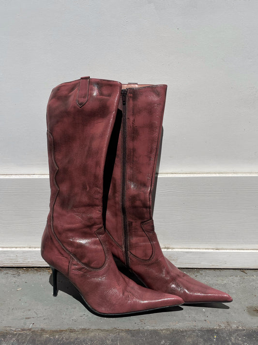 Vintage Maroon Pointed-Toe Mid-Calf Boots