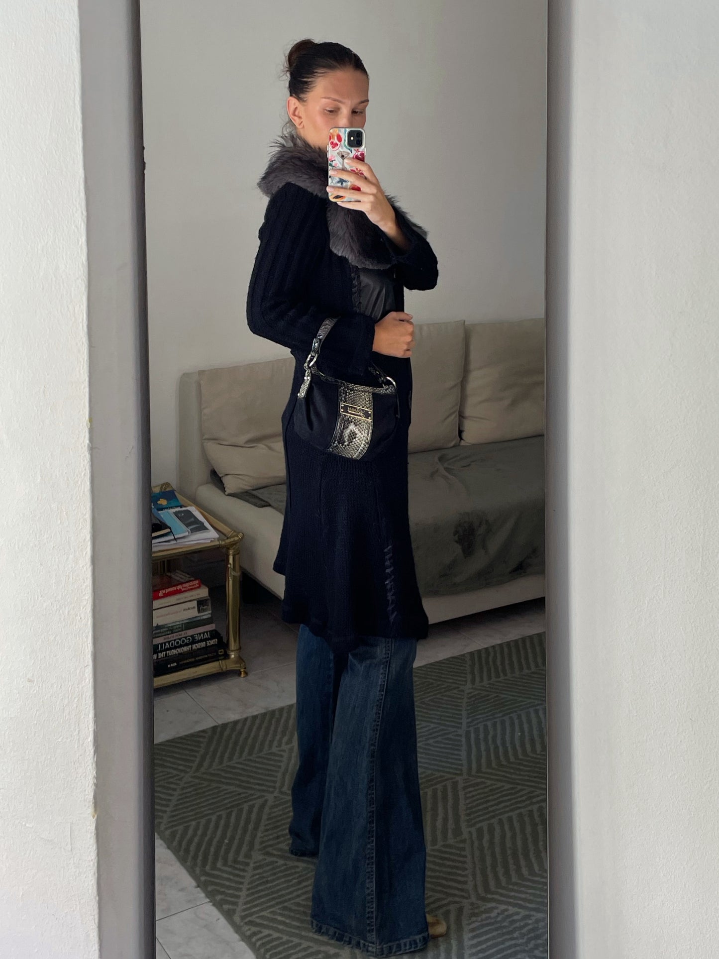 Wool Cardigan With Faux Fur Collar