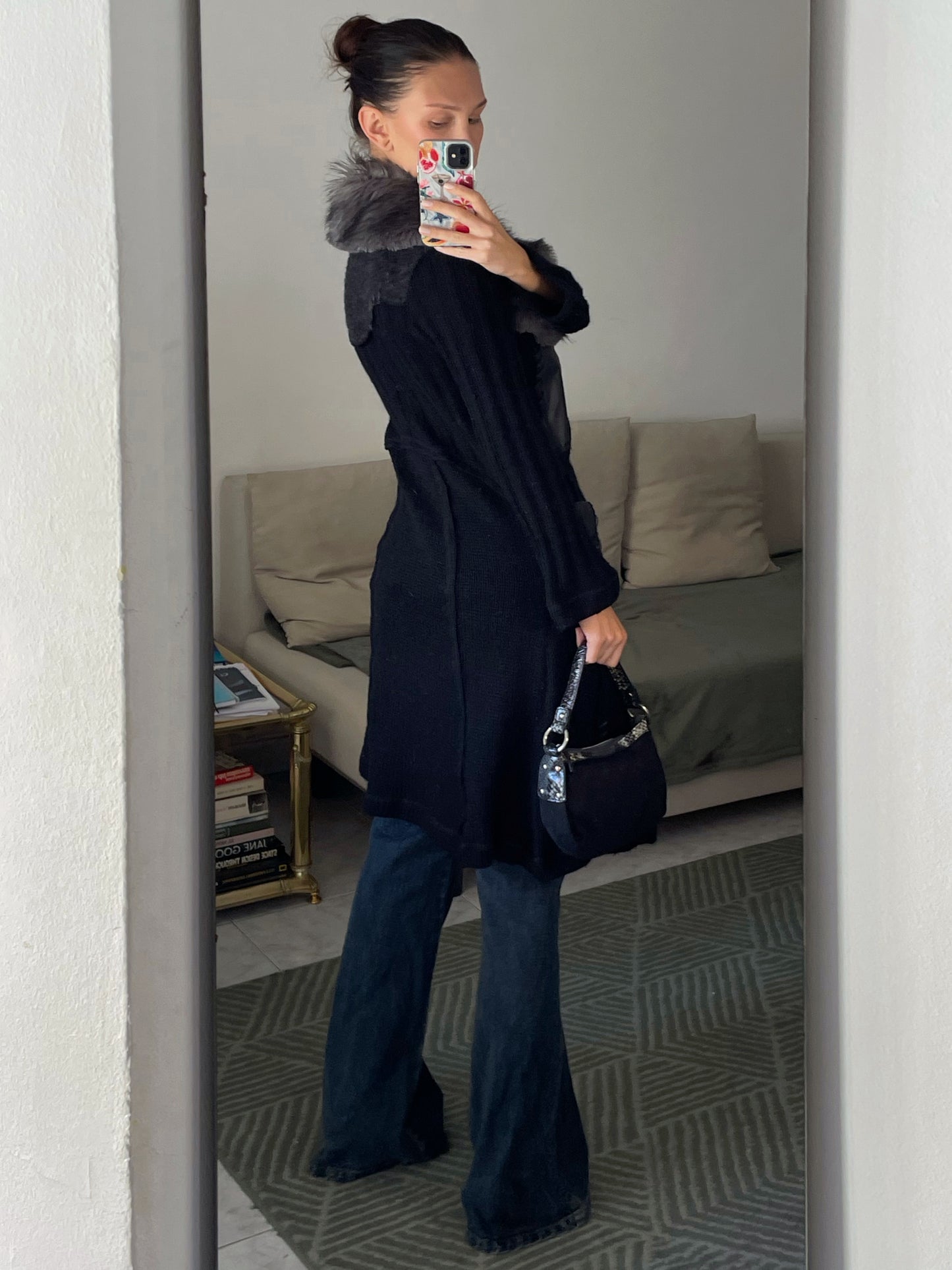 Wool Cardigan With Faux Fur Collar