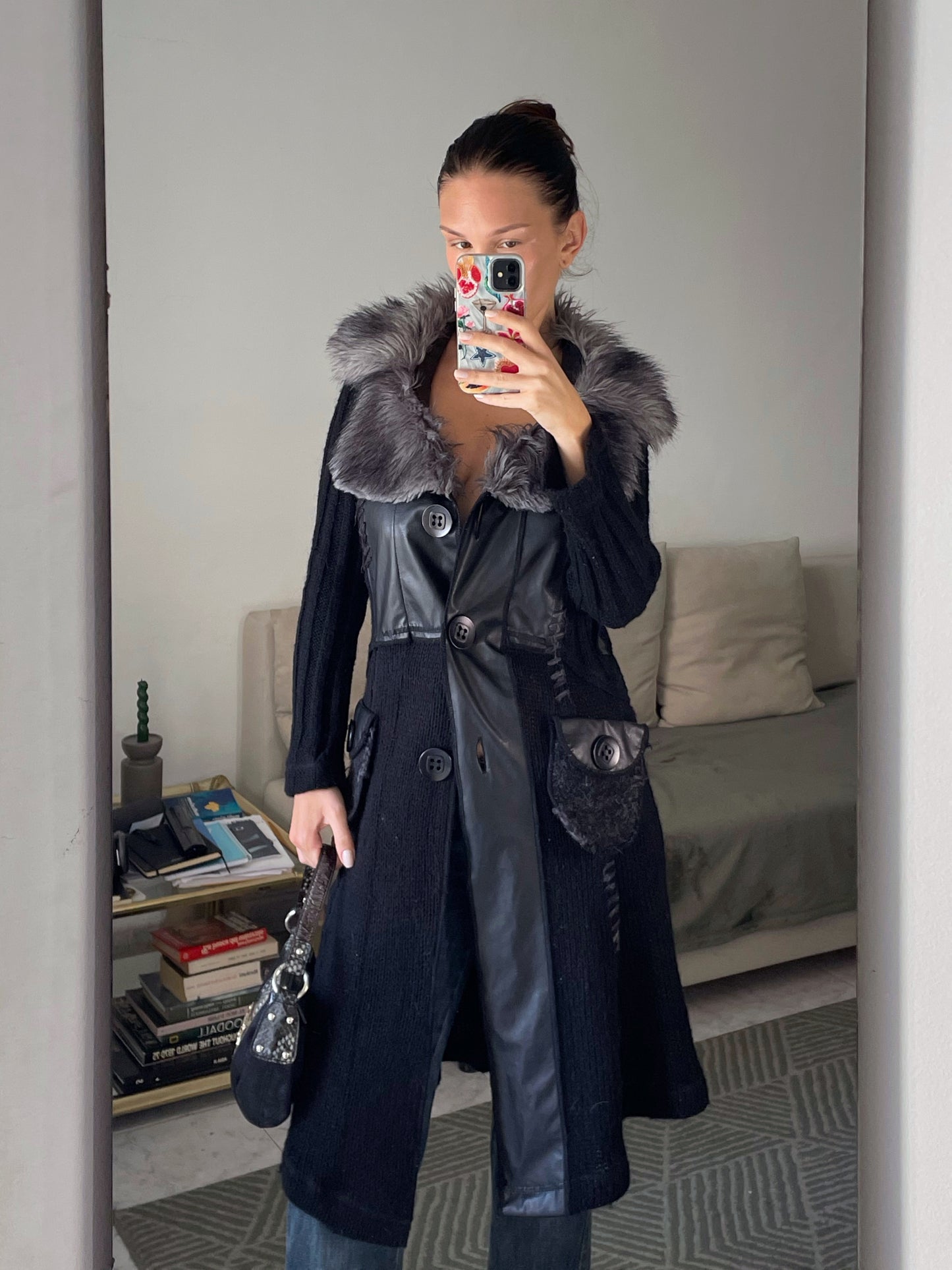 Wool Cardigan With Faux Fur Collar