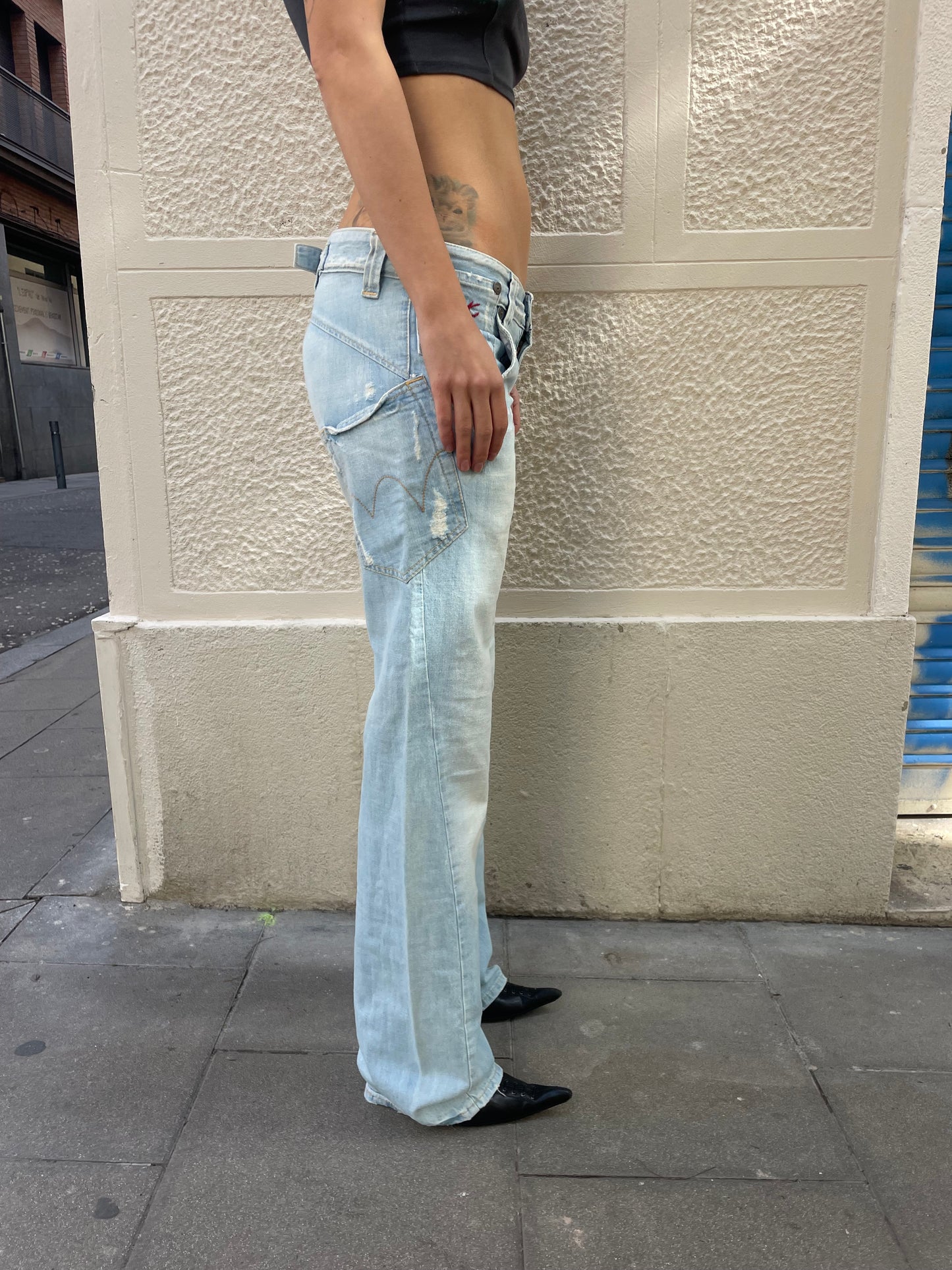 Low rise straight jeans.