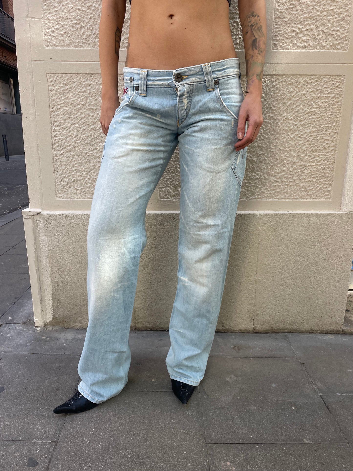 Low rise straight jeans.