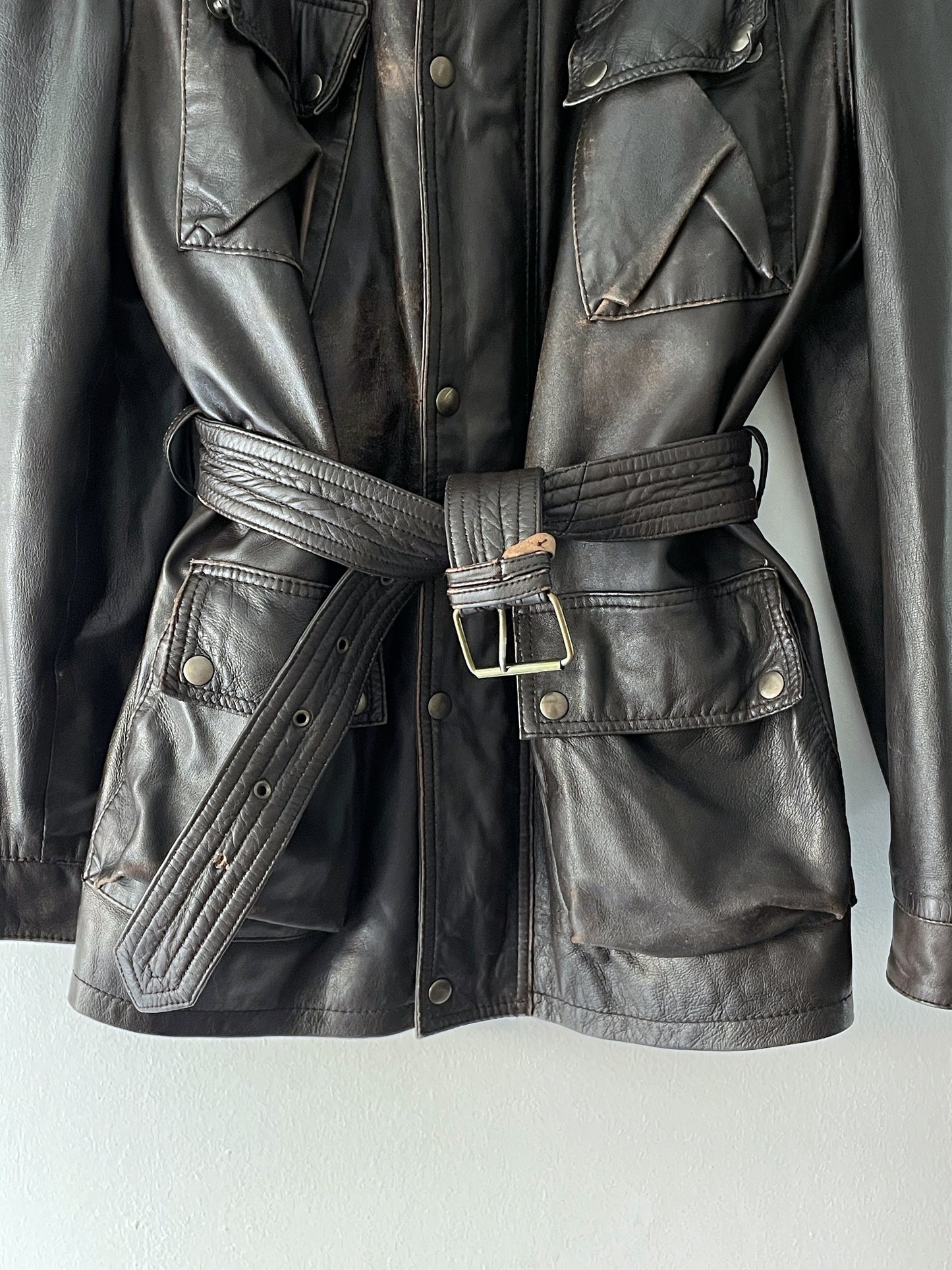 Leather jacket with a belt.