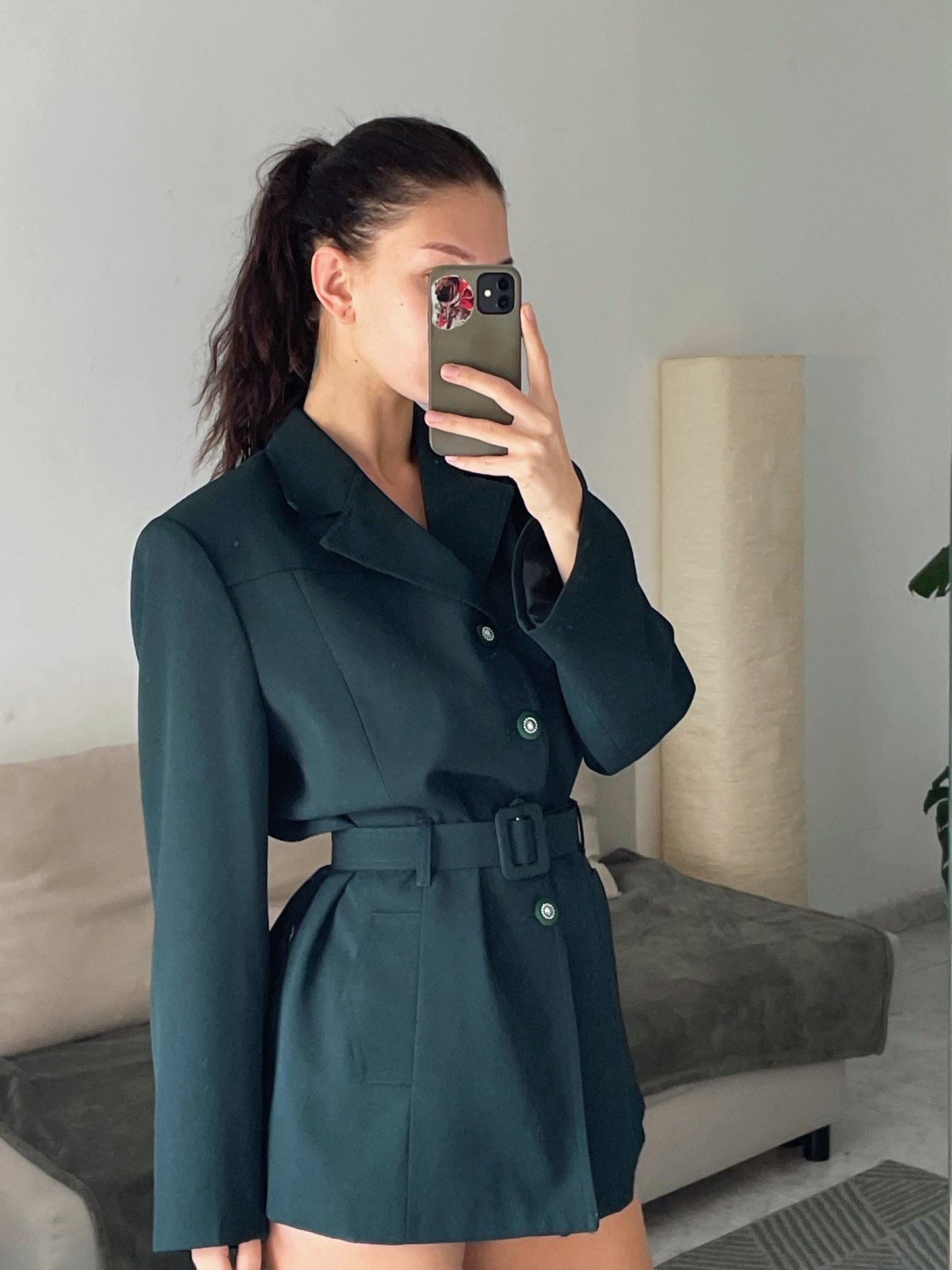Blazer with a belt.